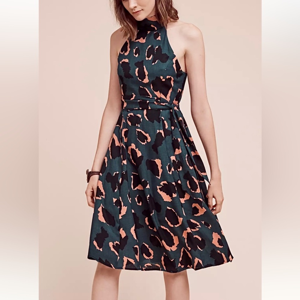Anthropologie Elliatt Leopard Graphic Print Halter Midi Party Dress green